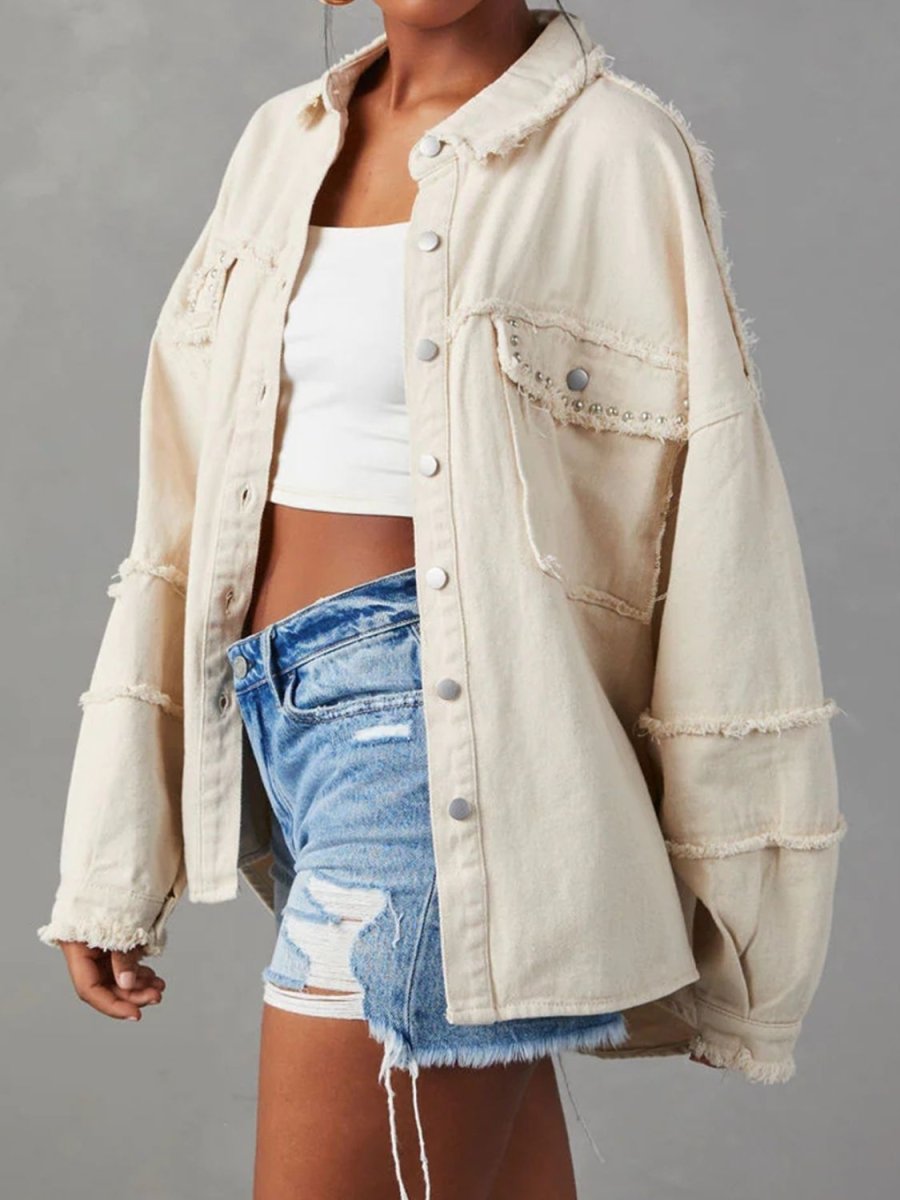 Button Down Raw Hem Denim Jacket - Outerwear