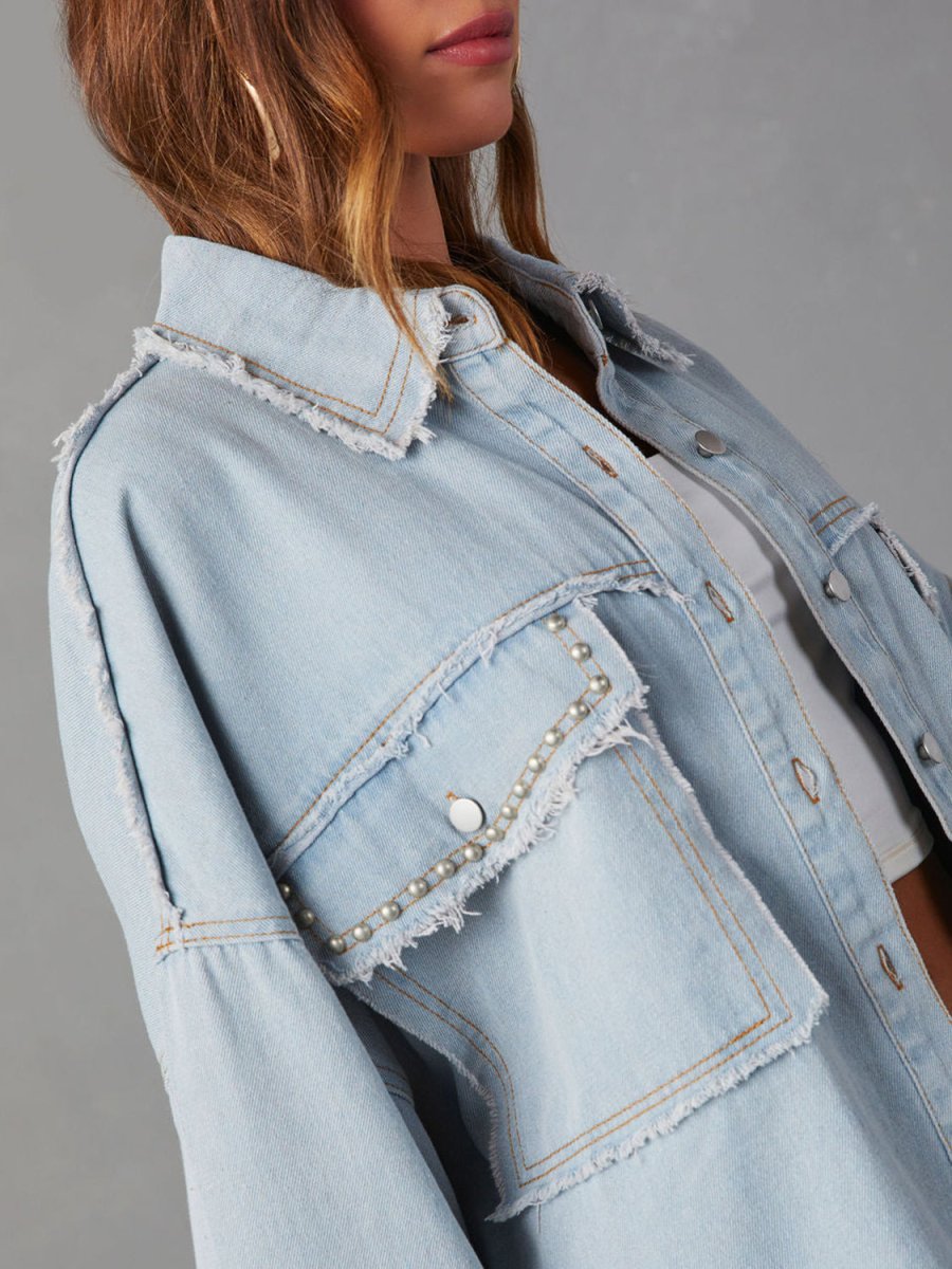 Button Down Raw Hem Denim Jacket - Outerwear
