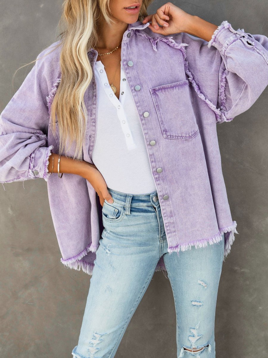 Button Down Raw Hem Denim Jacket - Outerwear