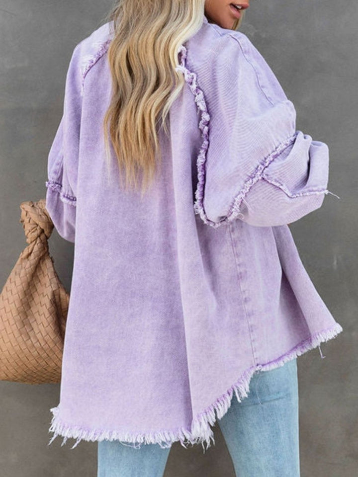 Button Down Raw Hem Denim Jacket - Outerwear