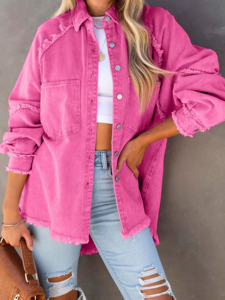 Button Down Raw Hem Denim Jacket - Outerwear