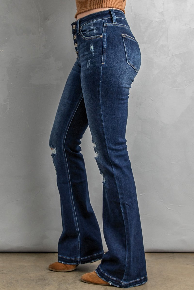 Button Fly Distressed Bootcut Jeans - Bottoms