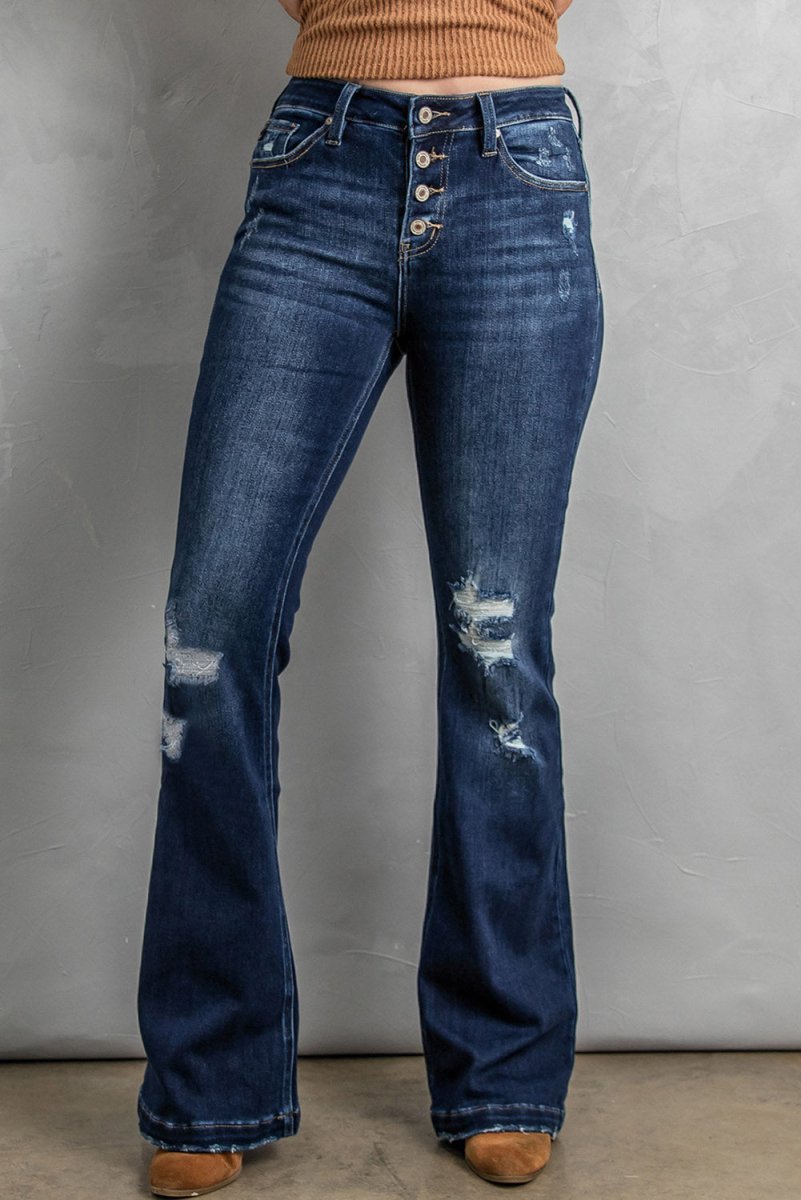 Button Fly Distressed Bootcut Jeans - Bottoms