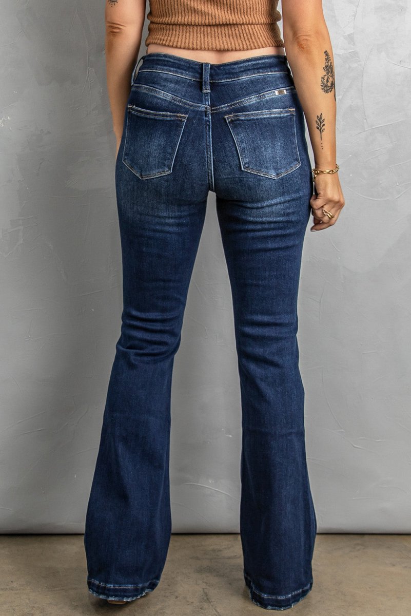 Button Fly Distressed Bootcut Jeans - Bottoms
