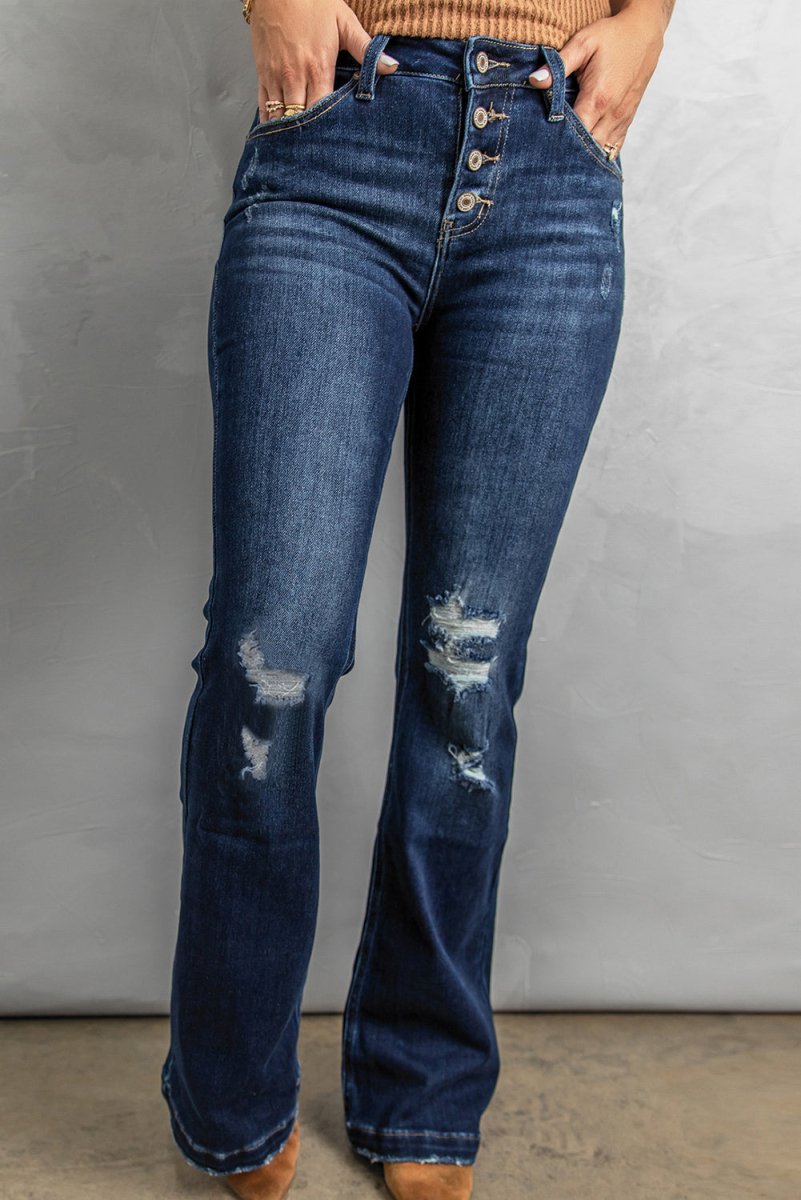 Button Fly Distressed Bootcut Jeans - Bottoms
