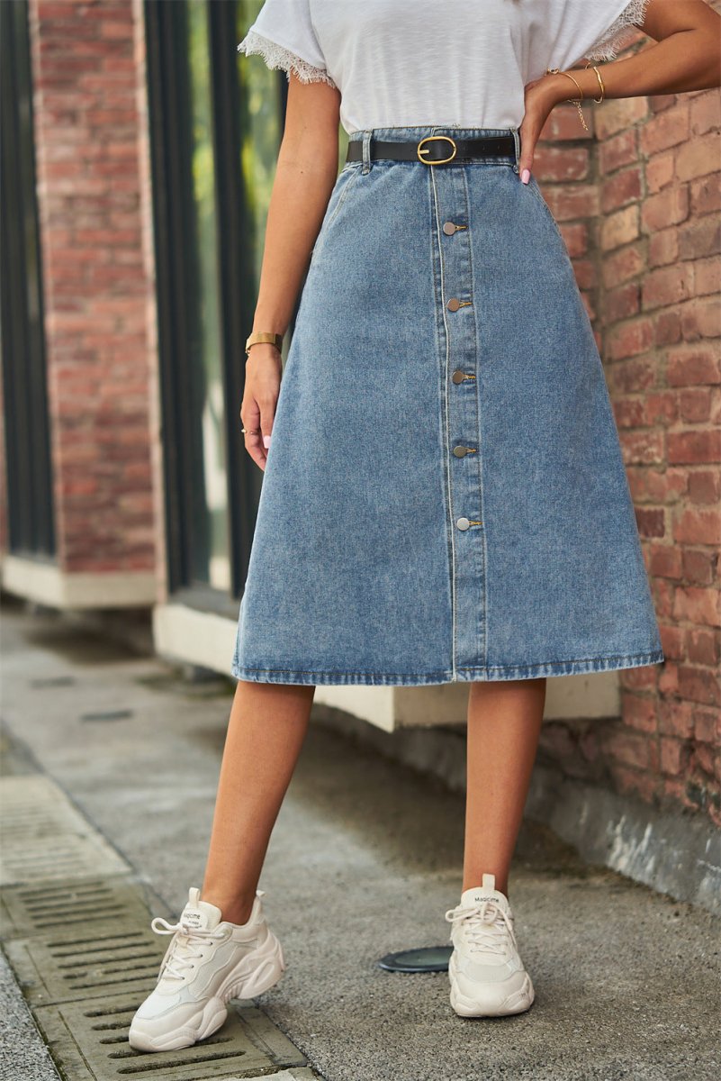 Button Front A - Line Denim Skirt - Bottoms