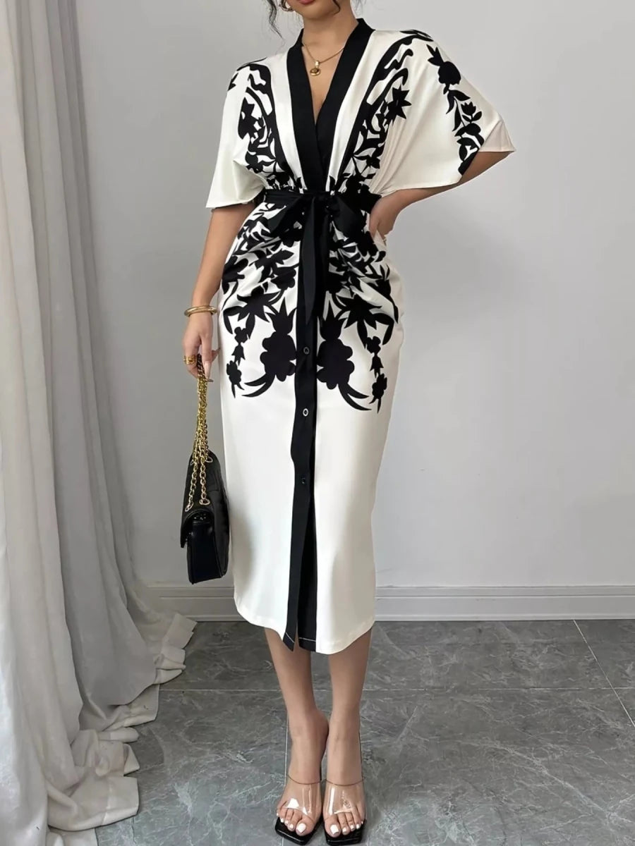Button Front Midi Dress with Slit - 