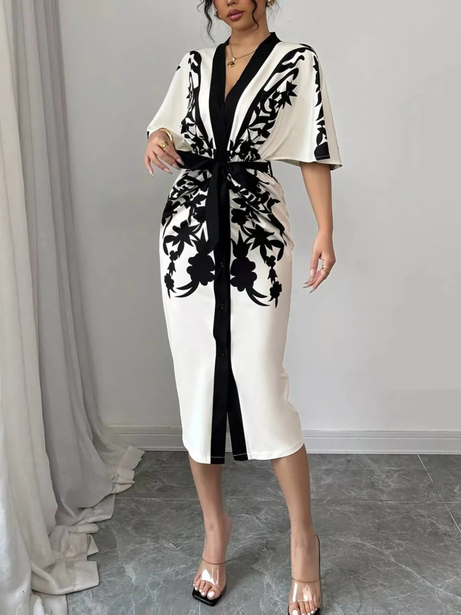 Button Front Midi Dress with Slit - 
