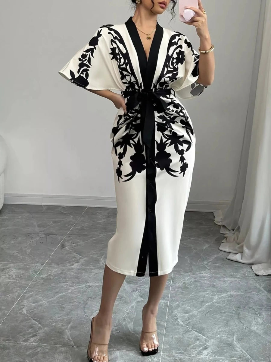 Button Front Midi Dress with Slit - 