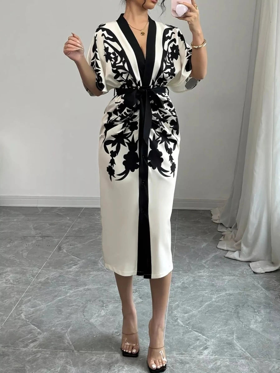 Button Front Midi Dress with Slit - 
