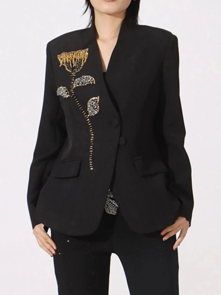 Button Front Rhinestone Blazer - 