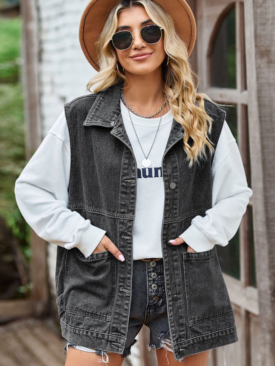 Button Front Sleeveless Denim Jacket - Outerwear