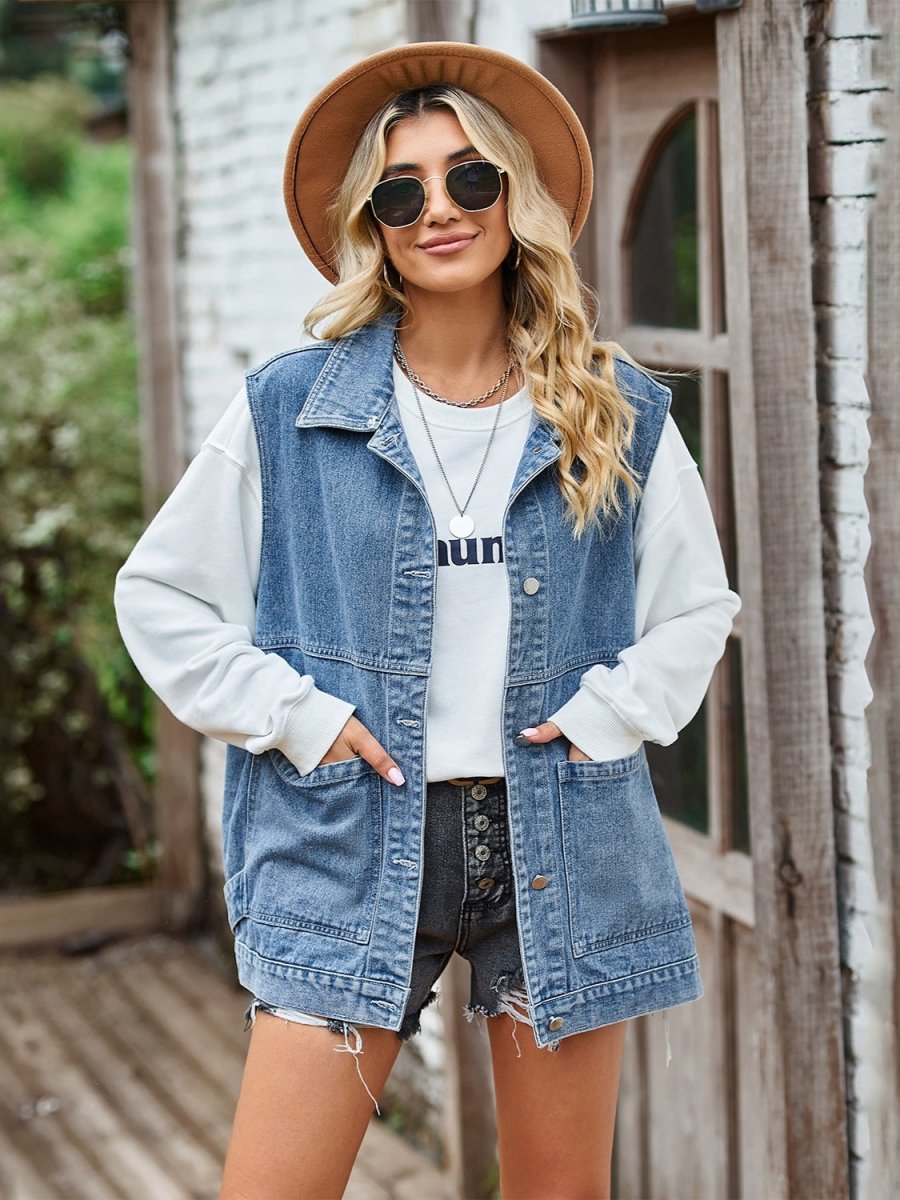 Button Front Sleeveless Denim Jacket - Outerwear