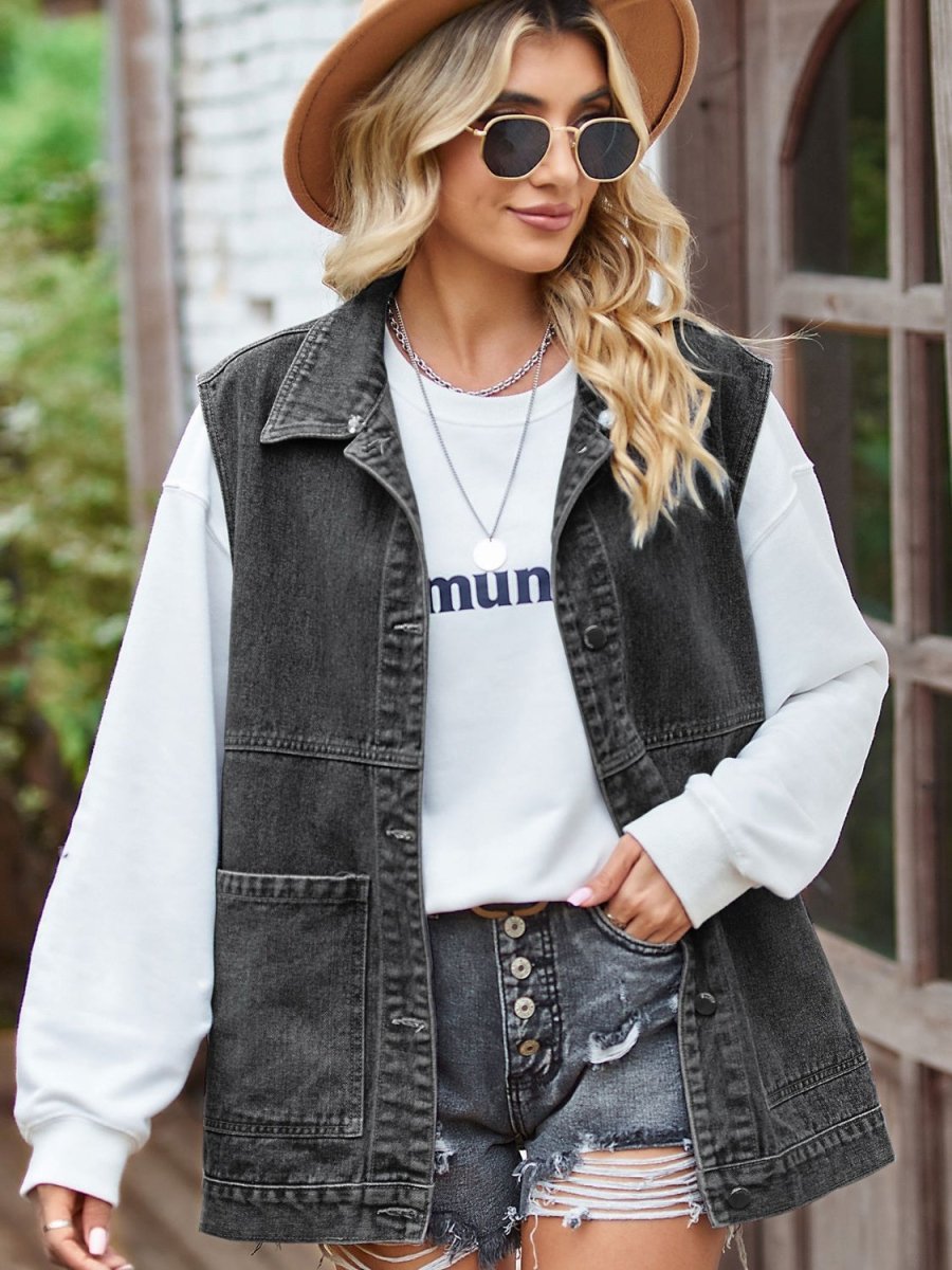 Button Front Sleeveless Denim Jacket - Outerwear