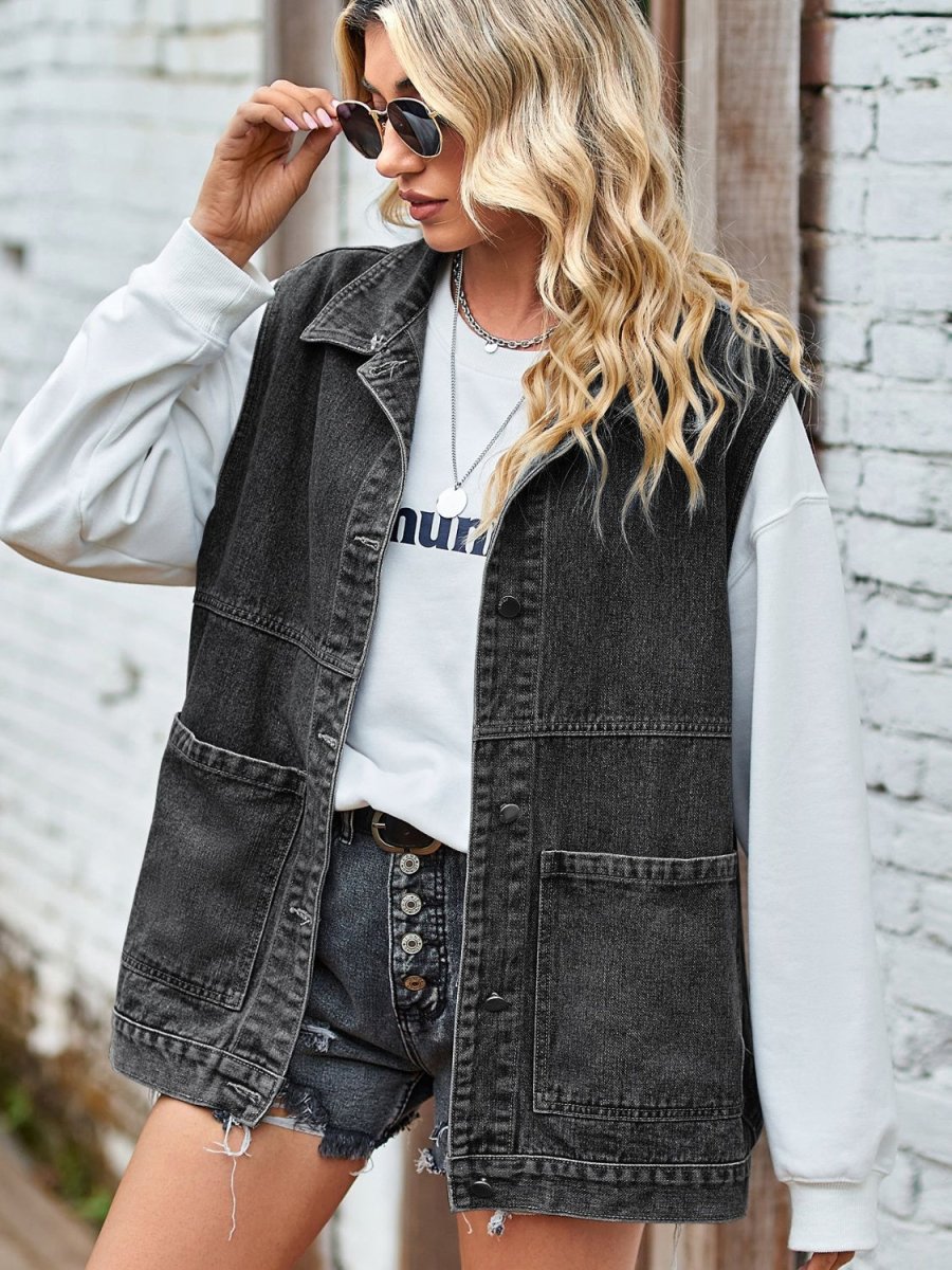 Button Front Sleeveless Denim Jacket - Outerwear