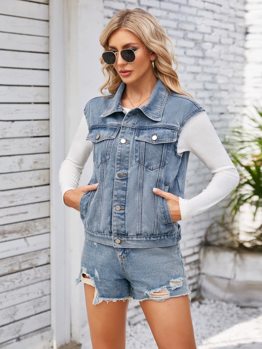 Button Up Cap Sleeve Denim Jacket - Outerwear
