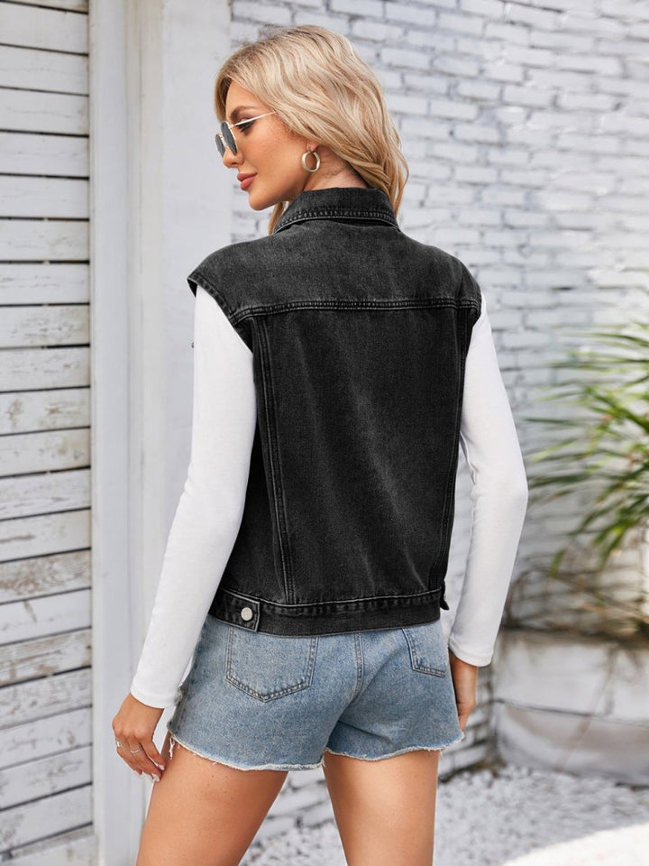 Button Up Cap Sleeve Denim Jacket - Outerwear