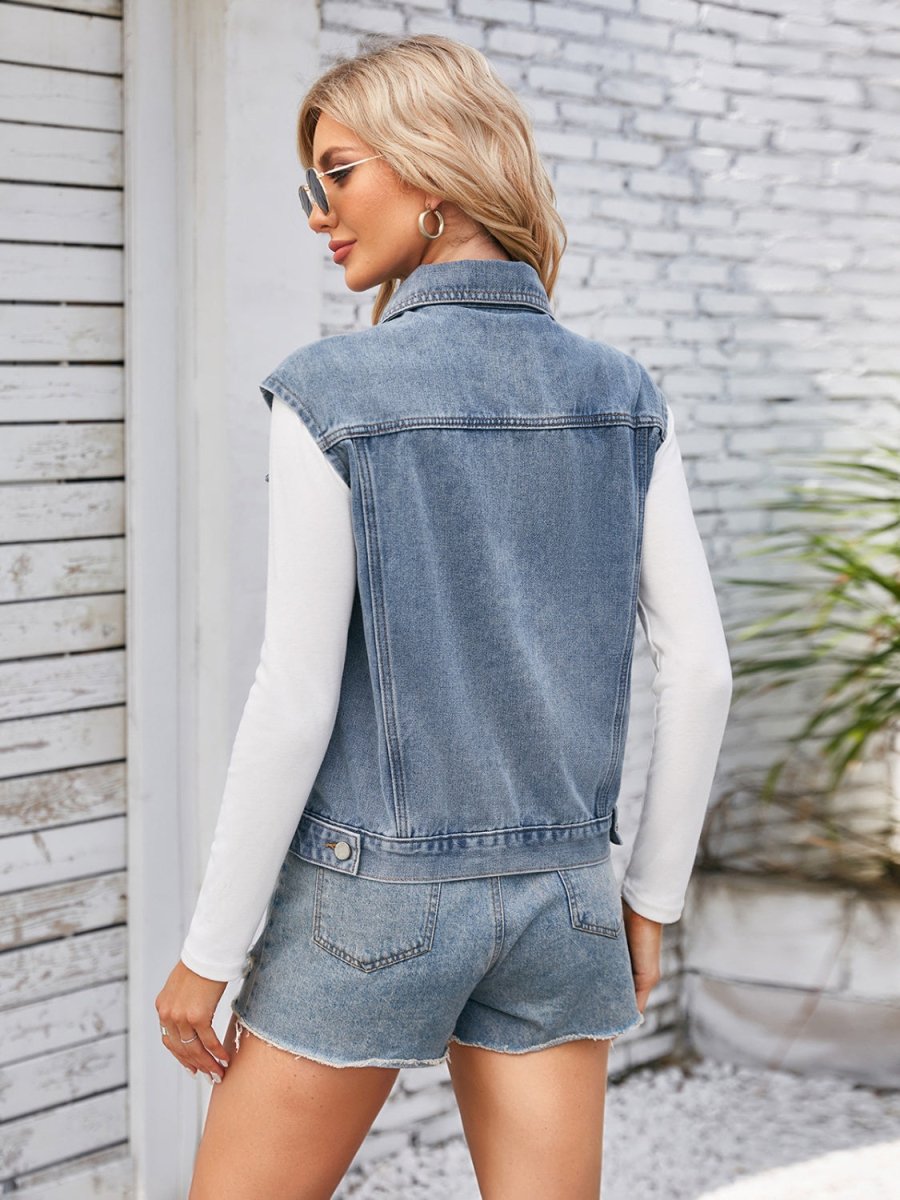 Button Up Cap Sleeve Denim Jacket - Outerwear