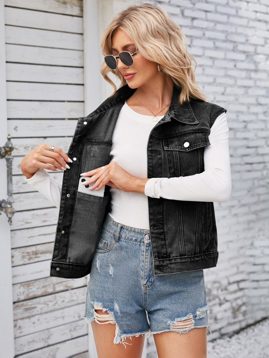 Button Up Cap Sleeve Denim Jacket - Outerwear