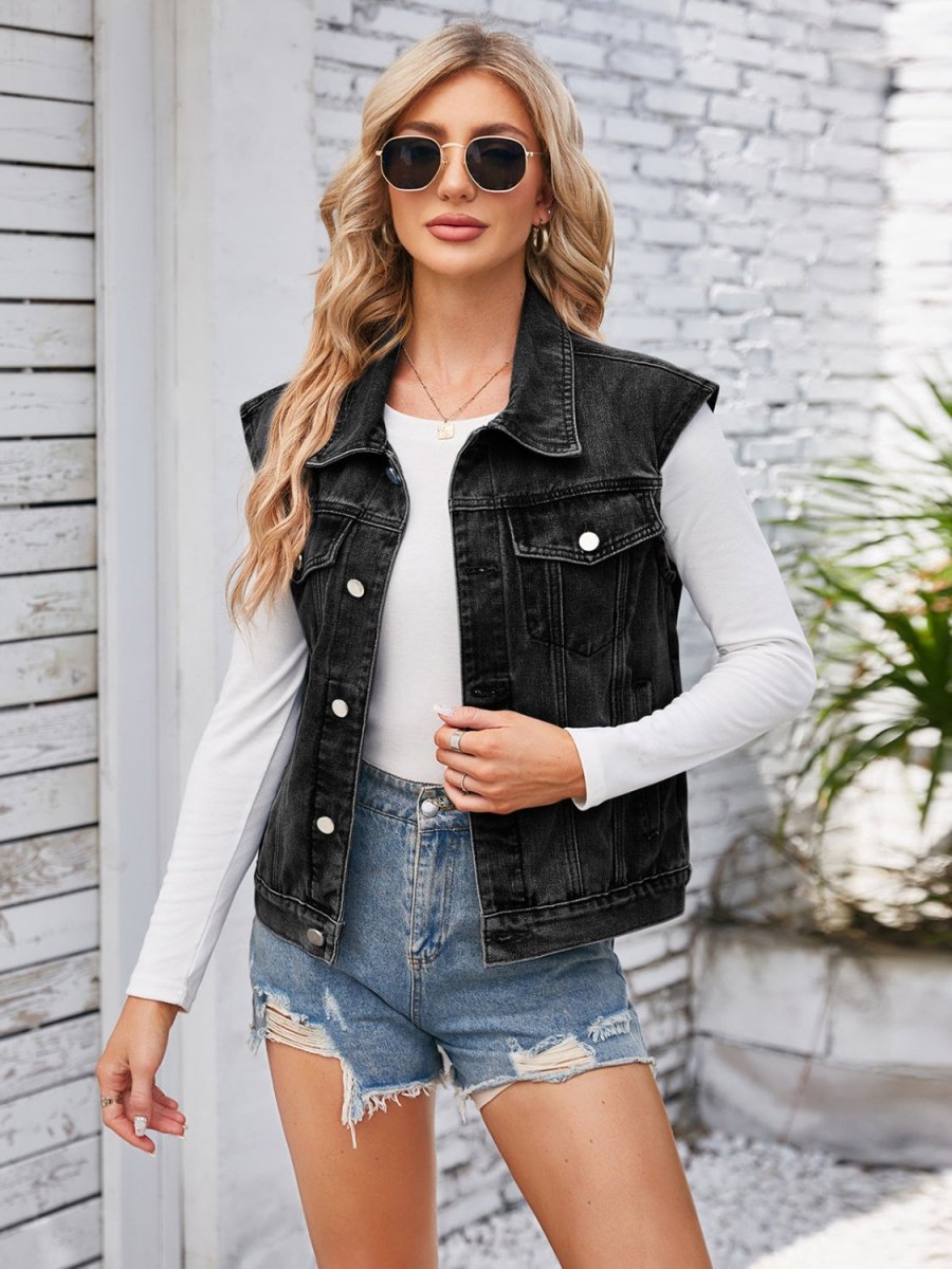 Button Up Cap Sleeve Denim Jacket - Outerwear