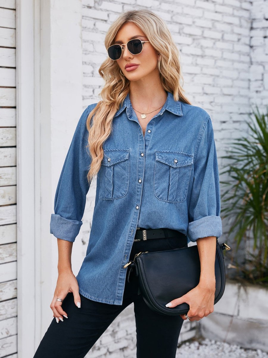 Button Up Collared Neck Denim Jacket - Outerwear