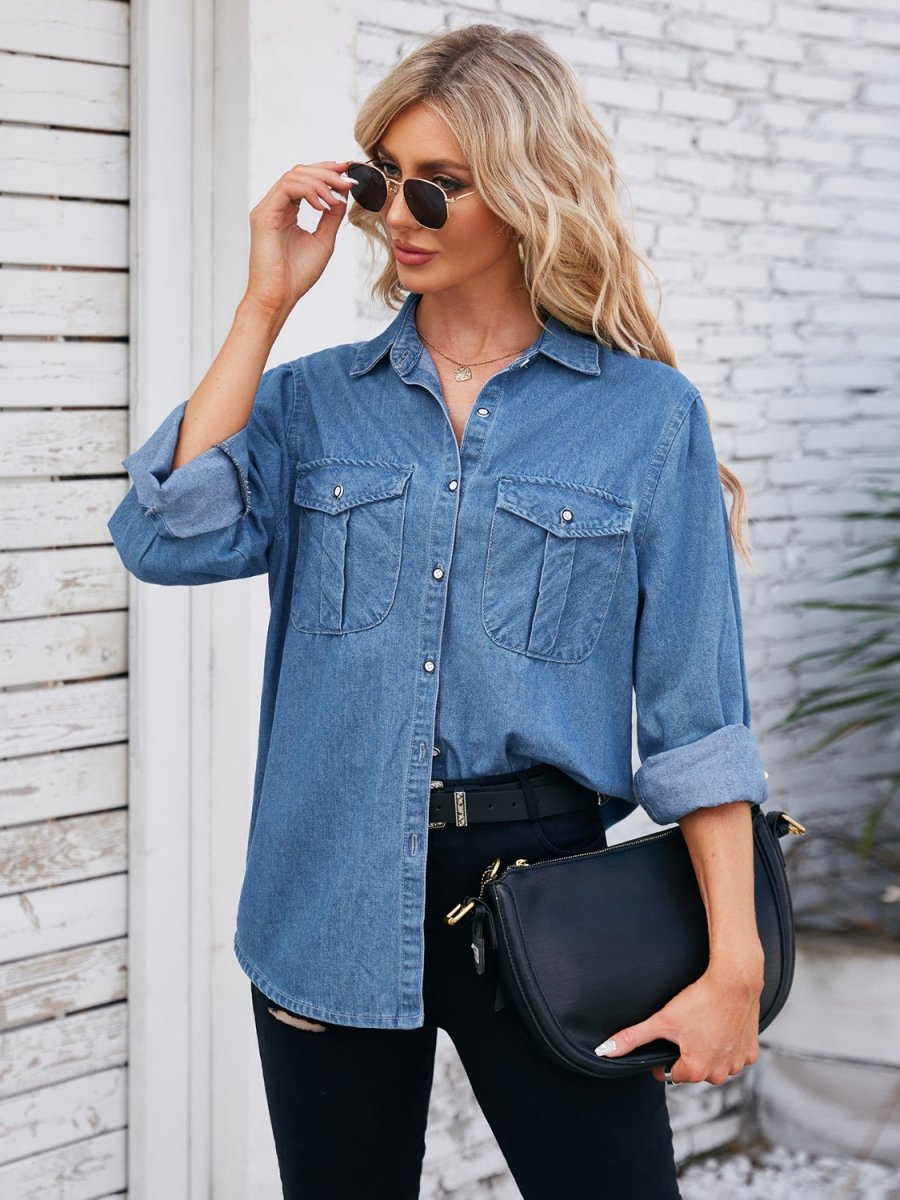 Button Up Collared Neck Denim Jacket - Outerwear