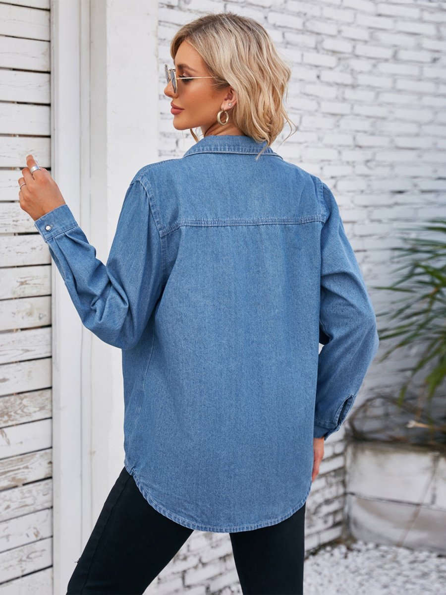 Button Up Collared Neck Denim Jacket - Outerwear