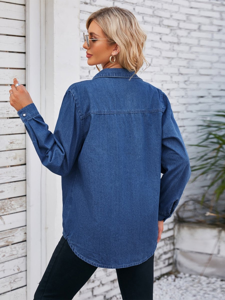 Button Up Collared Neck Denim Jacket - Outerwear
