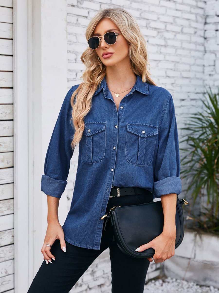 Button Up Collared Neck Denim Jacket - Outerwear