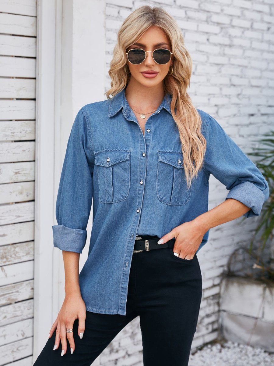 Button Up Collared Neck Denim Jacket - Outerwear
