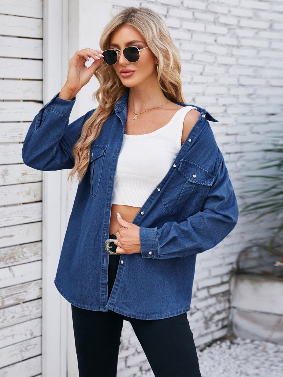 Button Up Collared Neck Denim Jacket - Outerwear