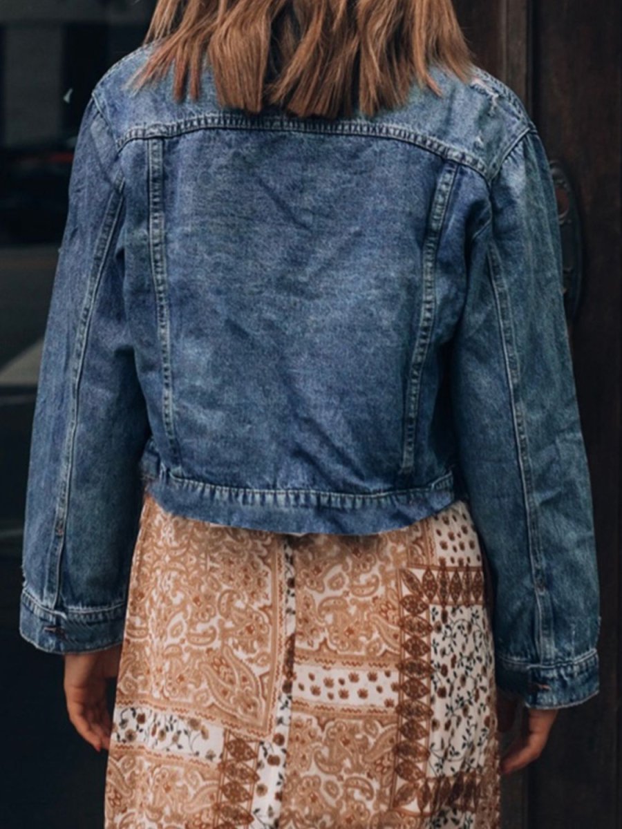 Button Up Collared Neck Distressed Denim Jacket - Outerwear