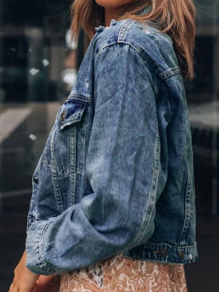 Button Up Collared Neck Distressed Denim Jacket - Outerwear