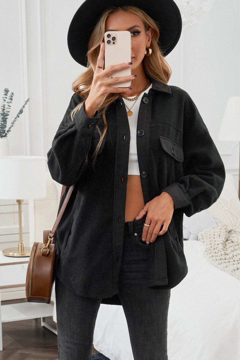 Button Up Collared Neck Long Sleeve Jacket - Outerwear