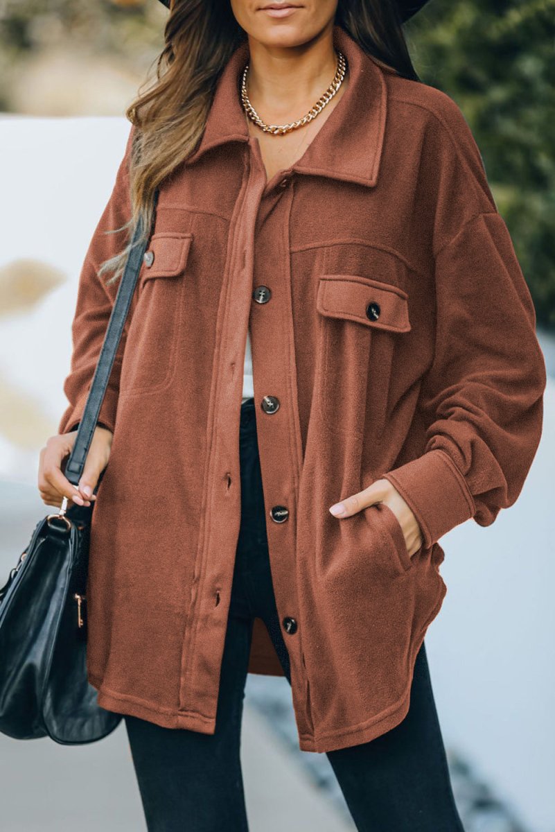 Button Up Collared Neck Long Sleeve Jacket - Outerwear