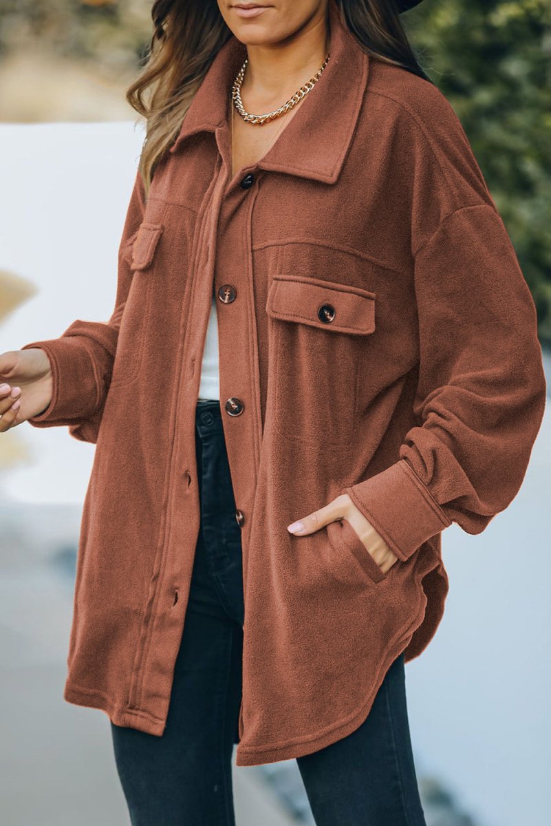 Button Up Collared Neck Long Sleeve Jacket - Outerwear