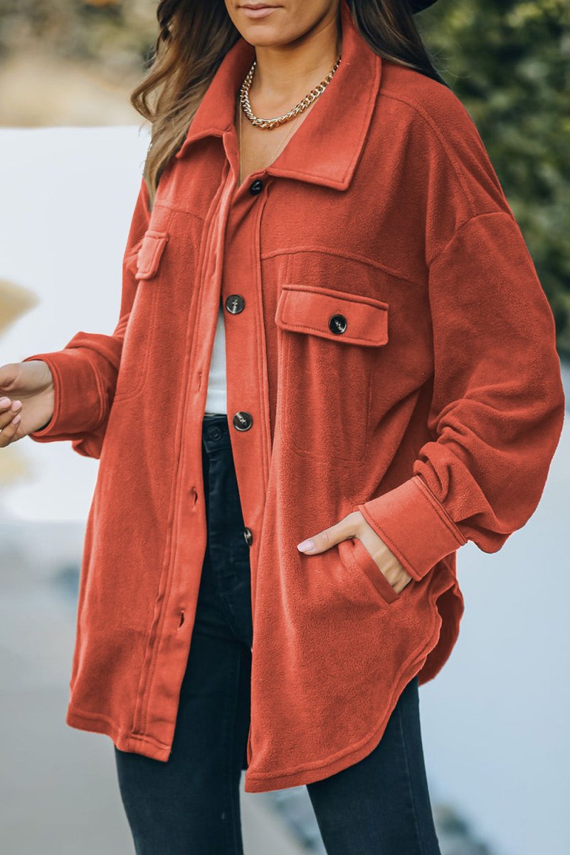Button Up Collared Neck Long Sleeve Jacket - Outerwear