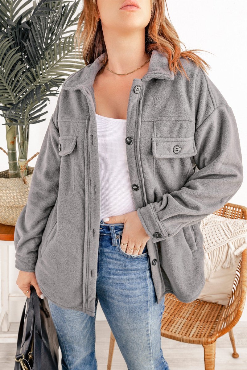 Button Up Collared Neck Long Sleeve Jacket - Outerwear