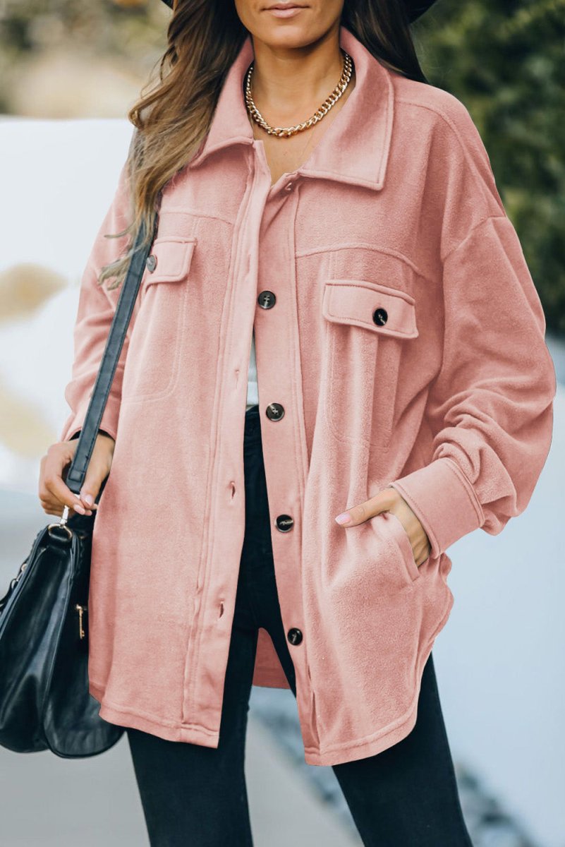 Button Up Collared Neck Long Sleeve Jacket - Outerwear