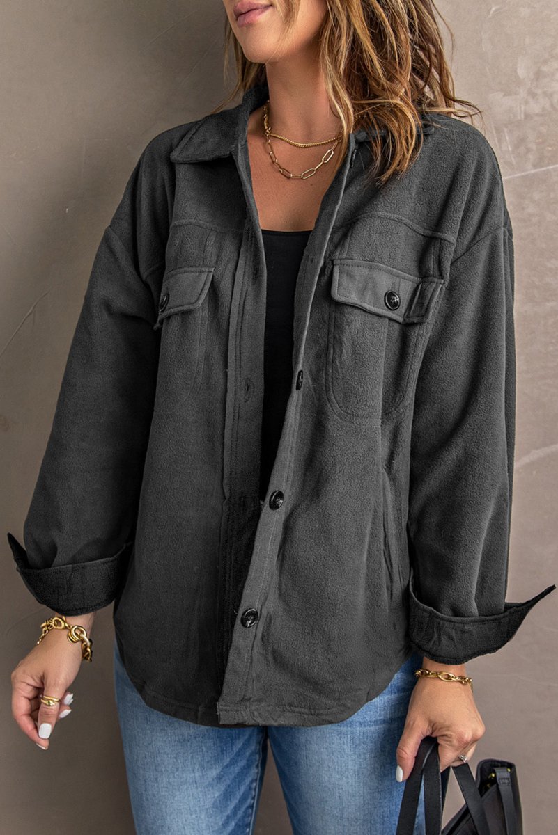 Button Up Collared Neck Long Sleeve Jacket - Outerwear