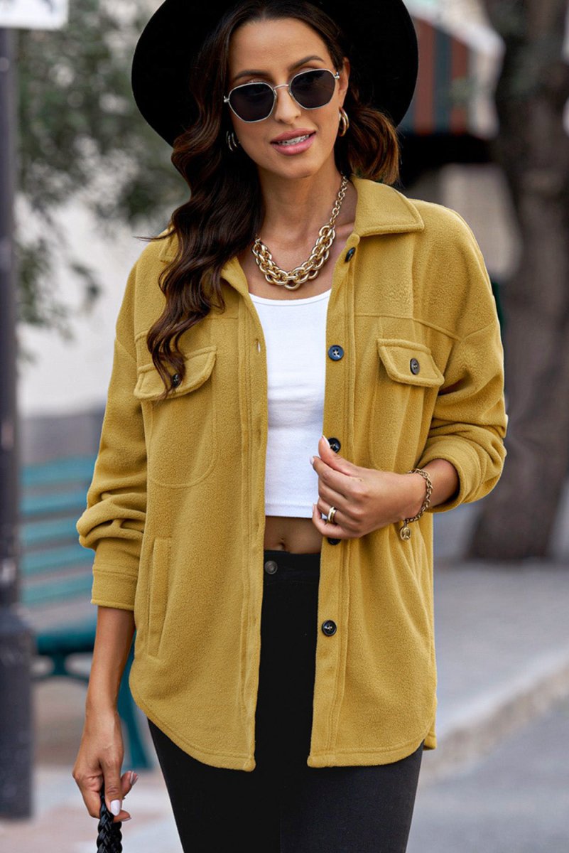 Button Up Collared Neck Long Sleeve Jacket - Outerwear