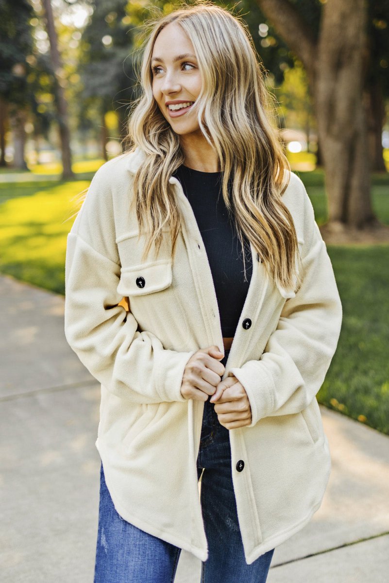 Button Up Collared Neck Long Sleeve Jacket - Outerwear