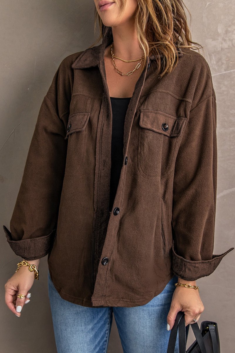 Button Up Collared Neck Long Sleeve Jacket - Outerwear