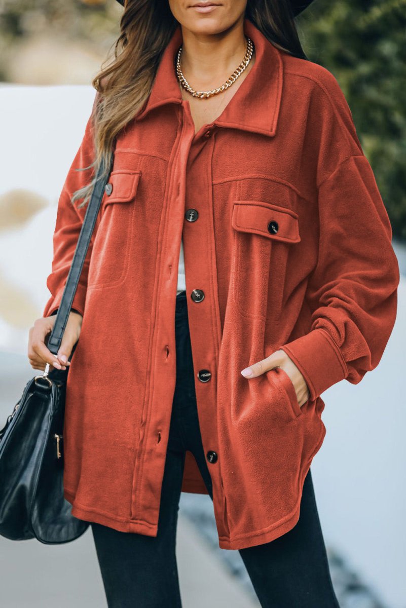 Button Up Collared Neck Long Sleeve Jacket - Outerwear