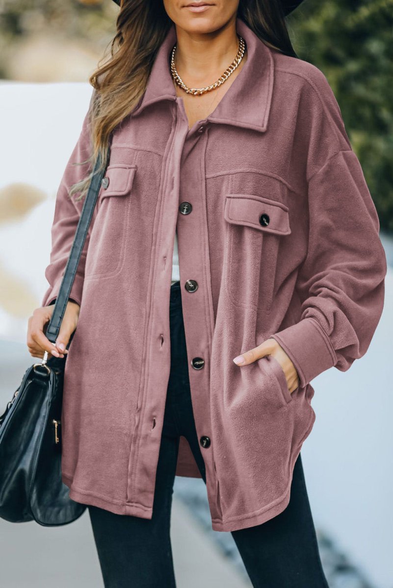 Button Up Collared Neck Long Sleeve Jacket - Outerwear