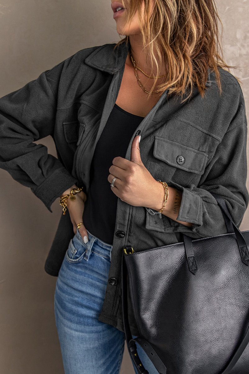 Button Up Collared Neck Long Sleeve Jacket - Outerwear