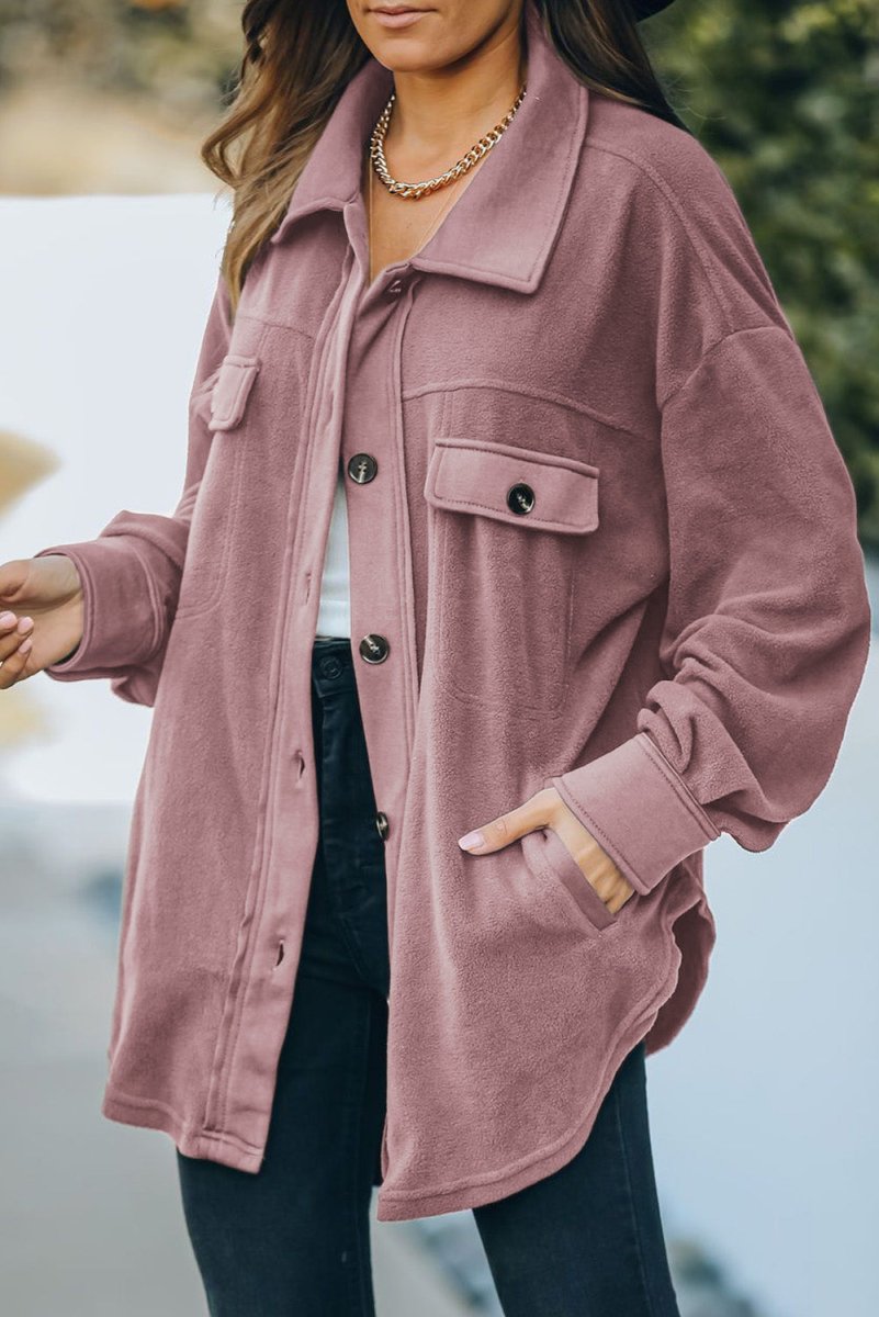 Button Up Collared Neck Long Sleeve Jacket - Outerwear