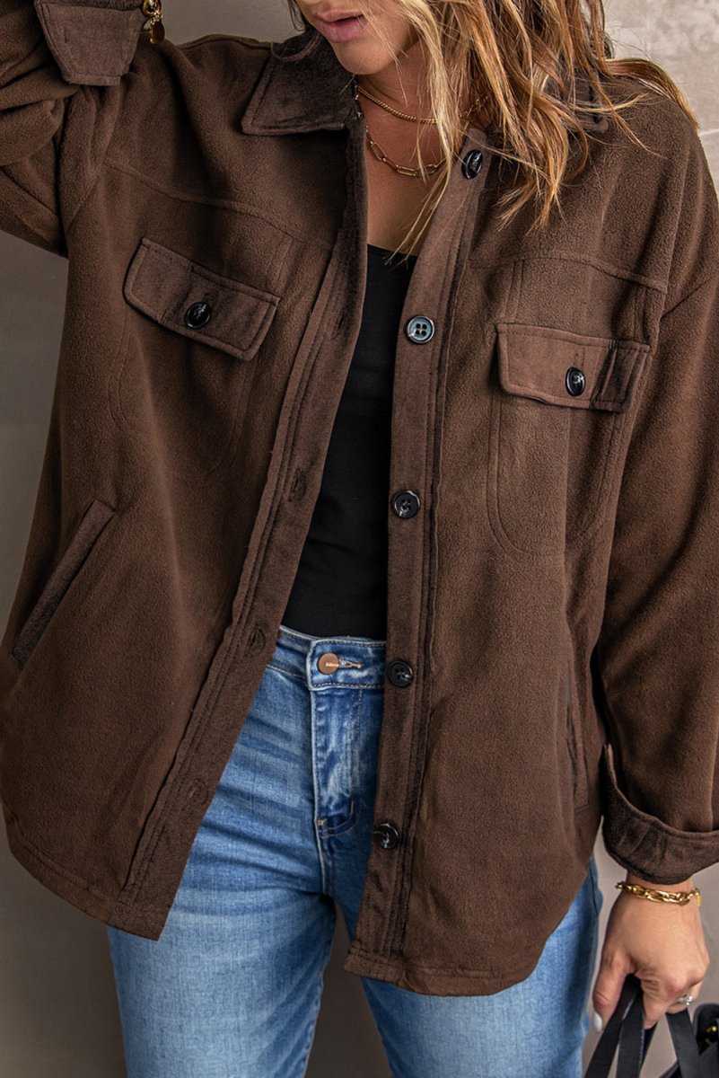 Button Up Collared Neck Long Sleeve Jacket - Outerwear