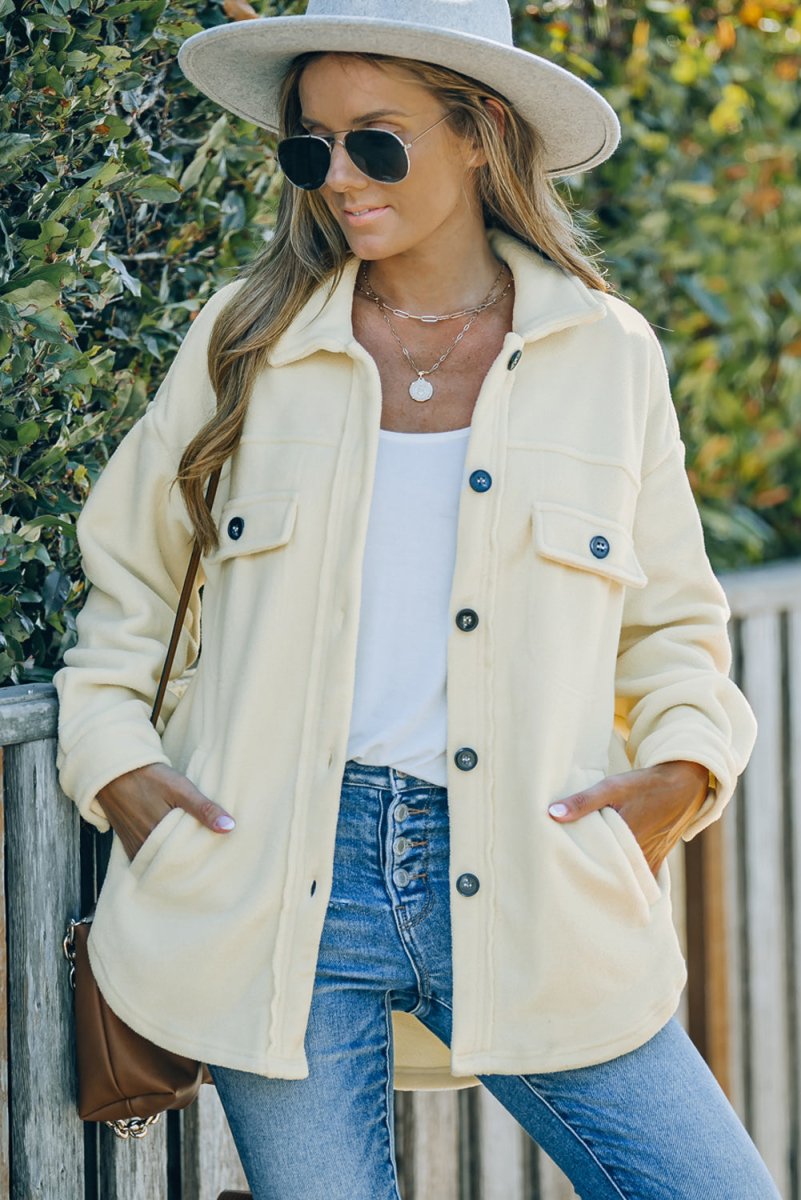 Button Up Collared Neck Long Sleeve Jacket - Outerwear