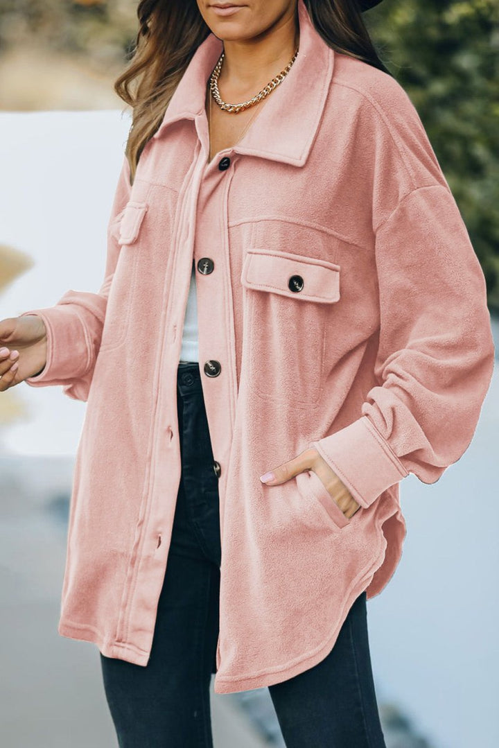 Button Up Collared Neck Long Sleeve Jacket - Outerwear